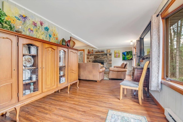 253 Thomas Rd, Blakeslee, PA 18610 - living area featuring a baseboard heating unit, crown molding, a fireplace, light wood-style floors, and healthy amount of natural light