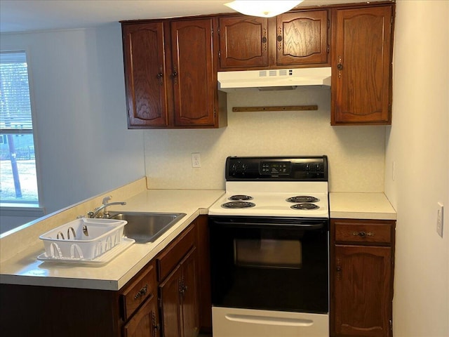 253 Thomas Rd, Blakeslee, PA 18610 - kitchen featuring electric stove, under cabinet range hood, a sink, and light countertops
