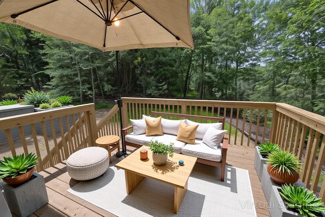 4105 Arbutus Dr Unit 1200, Tobyhanna, PA 18466 - wooden terrace featuring outdoor lounge area and view of wooded area