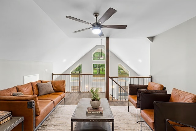 21 Wilde Gln, Albrightsville, PA 18210 - living area with ceiling fan, wood finished floors, and vaulted ceiling