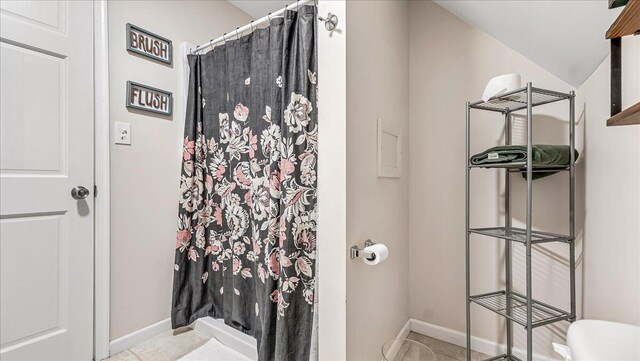 186 Brier Crest Rd, Blakeslee, PA 18610 - bathroom with a shower with curtain, toilet, baseboards, and vaulted ceiling