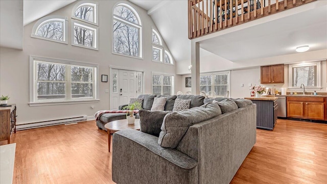 186 Brier Crest Rd, Blakeslee, PA 18610 - living area with baseboard heating, light wood-type flooring, and high vaulted ceiling