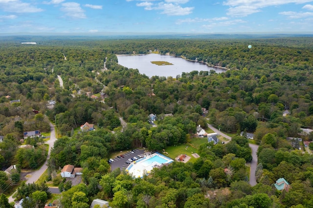 birds eye view of property with a view of trees and a water view