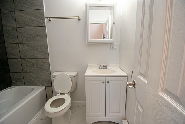 full bath with marble finish floor, toilet, vanity, and washtub / shower combination