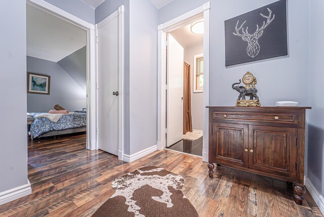6435 Marvin Gdns, Tobyhanna, PA 18466 - hall with hardwood / wood-style flooring, baseboards, and lofted ceiling