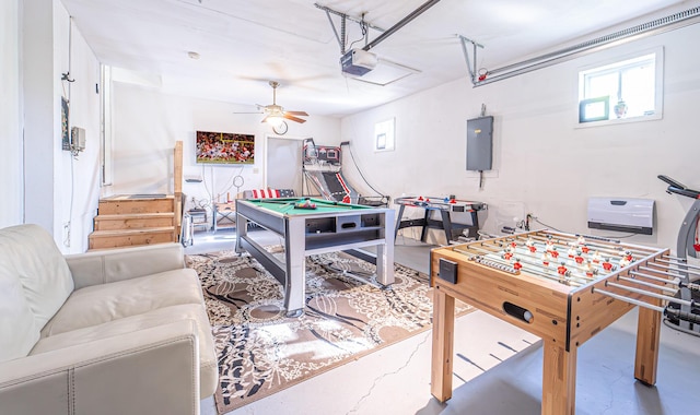 6435 Marvin Gdns, Tobyhanna, PA 18466 - recreation room featuring finished concrete floors, pool table, a garage, and ceiling fan