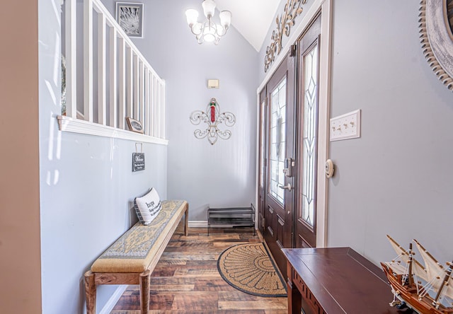6435 Marvin Gdns, Tobyhanna, PA 18466 - entryway with vaulted ceiling, a chandelier, wood finished floors, and baseboards
