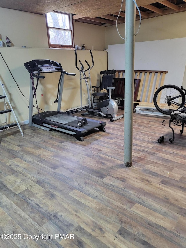 workout room featuring wood finished floors