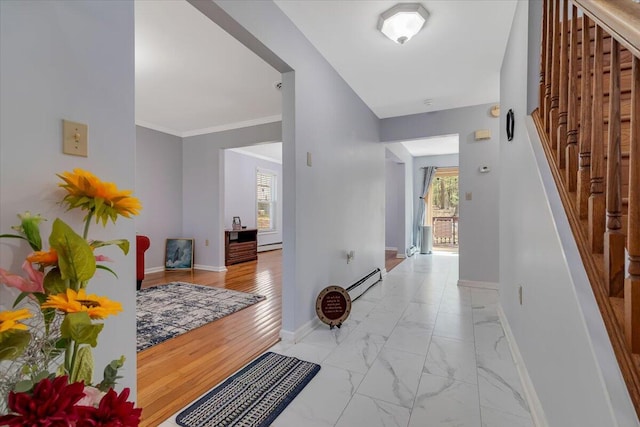 190 Reunion Rdg, East Stroudsburg, PA 18301 - entrance foyer with marble finish floor, stairs, baseboards, a baseboard radiator, and a baseboard heating unit
