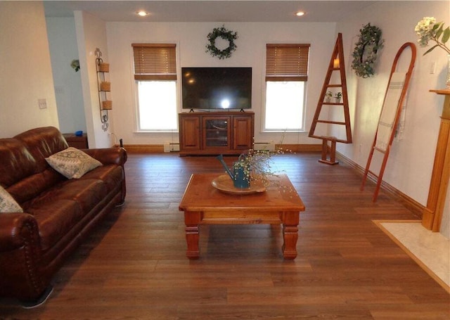 144 Dogwood Dr, Jim Thorpe, PA 18229 - living area with dark wood-style flooring, healthy amount of natural light, baseboards, a baseboard radiator, and recessed lighting