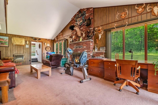1163 Bush Rd, Cresco, PA 18326 - office area with healthy amount of natural light, wooden walls, carpet floors, heating unit, and high vaulted ceiling