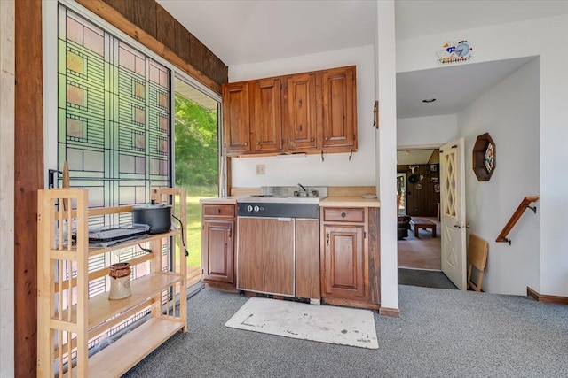 1163 Bush Rd, Cresco, PA 18326 - kitchen featuring carpet flooring, brown cabinets, and light countertops