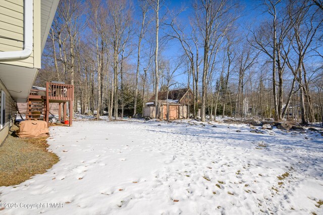 yard layered in snow with a shed