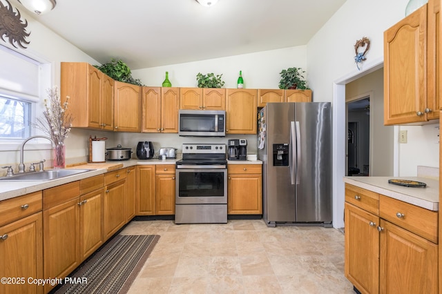 kitchen with stainless steel appliances, vaulted ceiling, and sink