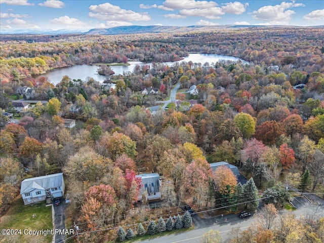 birds eye view of property with a water view and a wooded view