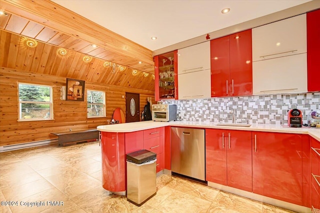 kitchen with tasteful backsplash, wooden ceiling, a sink, and stainless steel dishwasher