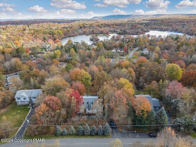 aerial view featuring a water view and a wooded view