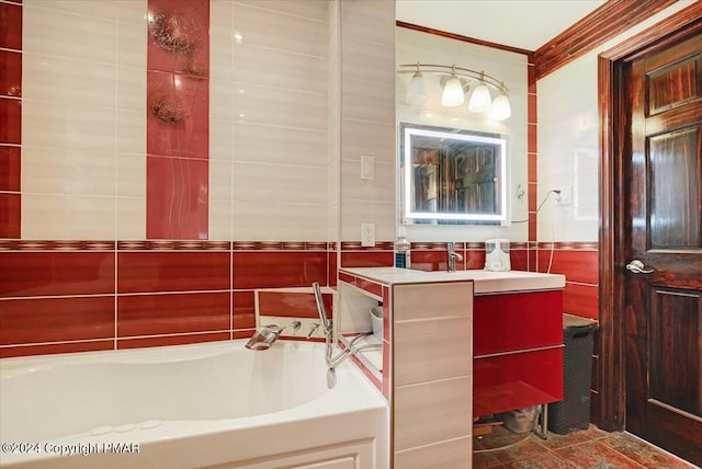 full bath with a garden tub, crown molding, tile walls, and vanity