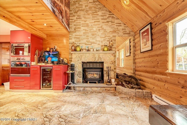 living room featuring a baseboard heating unit, wine cooler, wood ceiling, and lofted ceiling