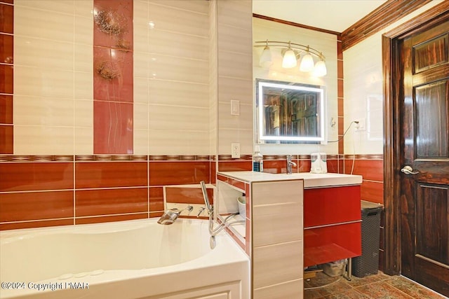 full bath with ornamental molding, tile walls, vanity, and a bath