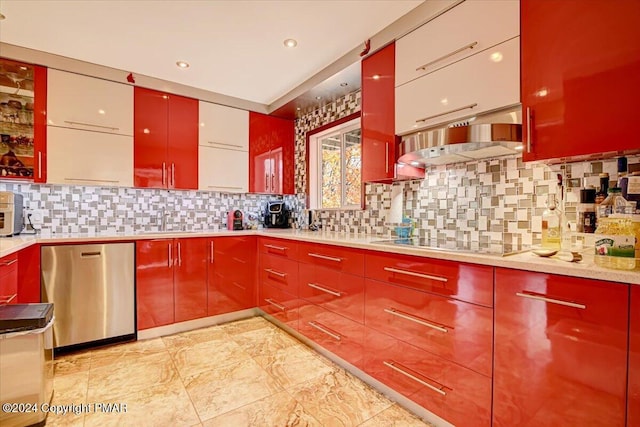 kitchen featuring dishwasher, red cabinets, black electric stovetop, light countertops, and backsplash