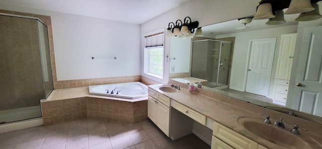 259 Great Bear Way E, Stroudsburg, PA 18302 - full bath featuring a stall shower, a bath, double vanity, and tile patterned flooring