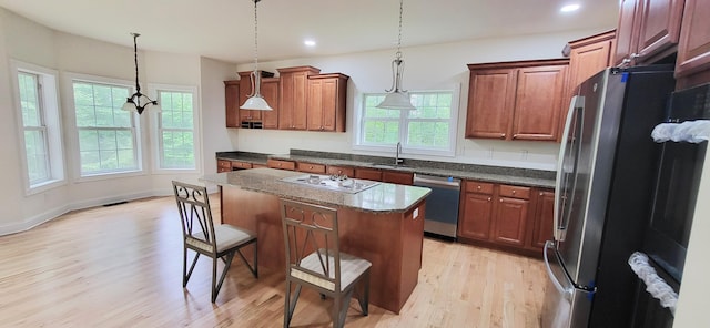 259 Great Bear Way E, Stroudsburg, PA 18302 - kitchen with stainless steel appliances, light wood-style floors, a kitchen breakfast bar, a center island, and pendant lighting