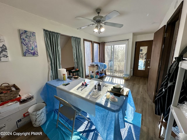 interior space featuring wood finished floors and a ceiling fan