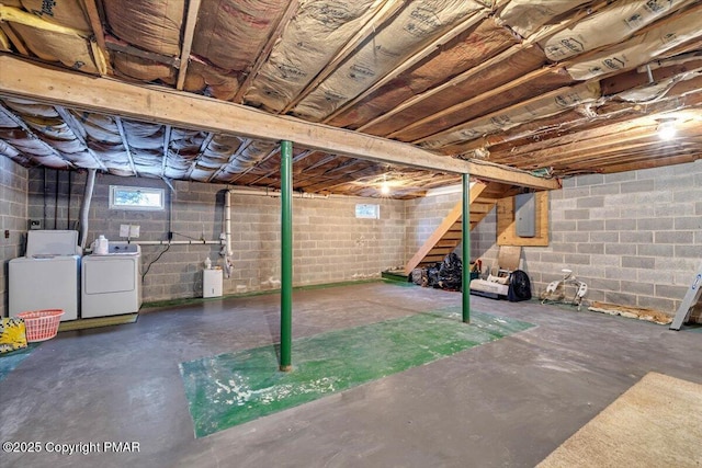 below grade area featuring washing machine and dryer, electric panel, and stairway