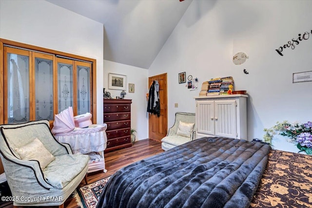 bedroom featuring high vaulted ceiling and wood finished floors