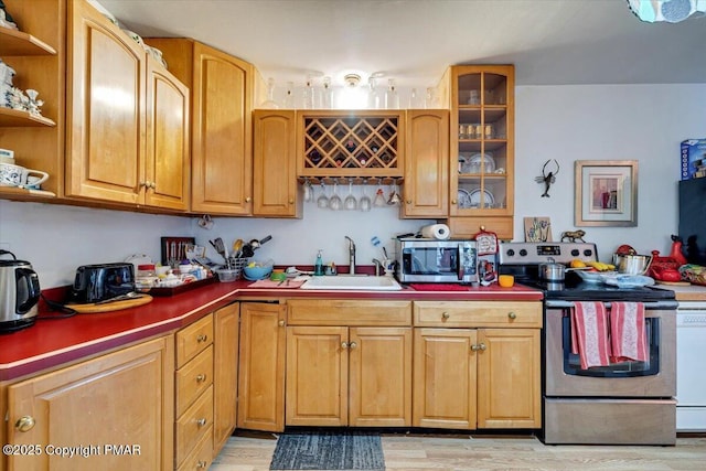 kitchen with stainless steel appliances, a sink, light wood-style flooring, and open shelves