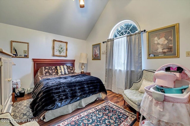 bedroom featuring a baseboard heating unit, lofted ceiling, and wood finished floors