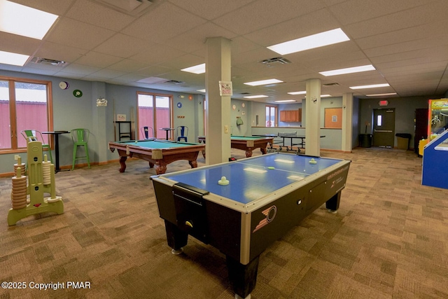 recreation room featuring carpet floors, a drop ceiling, billiards, and visible vents