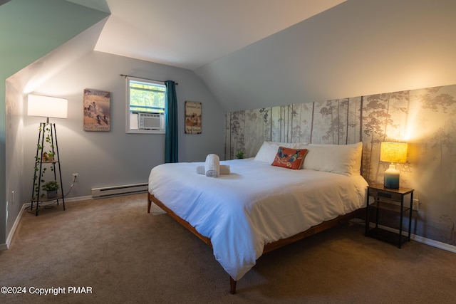 bedroom featuring a baseboard radiator, cooling unit, baseboards, vaulted ceiling, and carpet