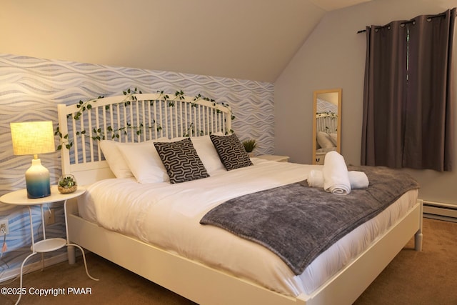 bedroom featuring wallpapered walls, carpet, baseboard heating, and vaulted ceiling