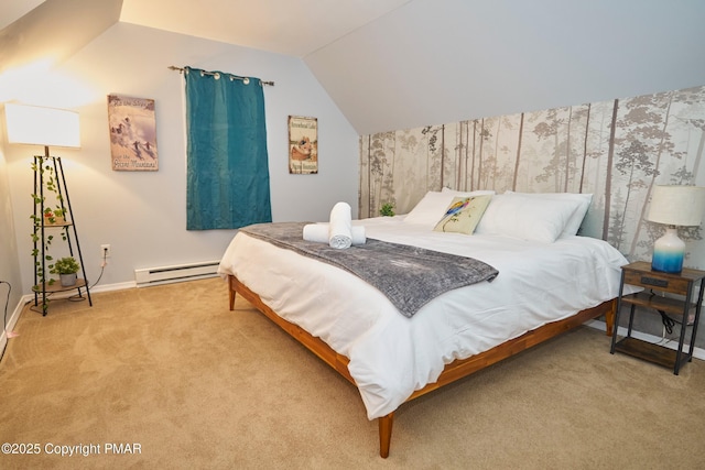 bedroom with a baseboard heating unit, vaulted ceiling, carpet flooring, and baseboards