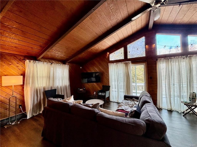 living room with lofted ceiling with beams, wooden walls, a ceiling fan, and wooden ceiling