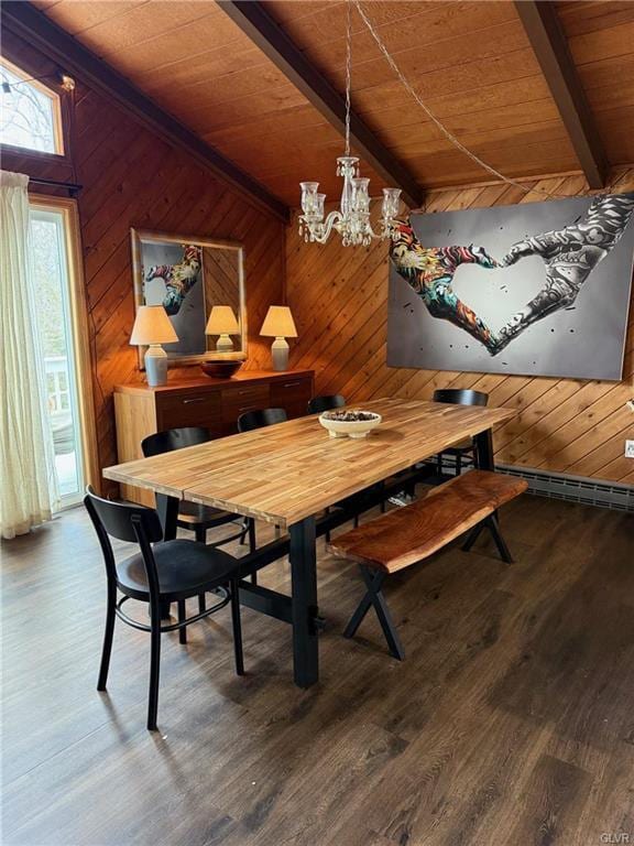 dining area featuring wood finished floors, wooden walls, and a chandelier