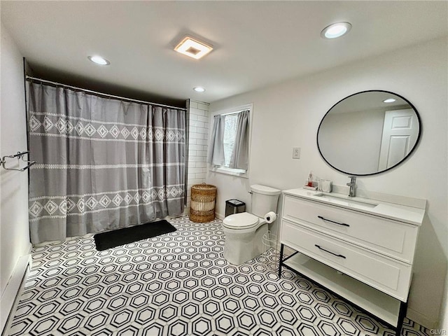 full bath with tile patterned floors, toilet, curtained shower, recessed lighting, and vanity