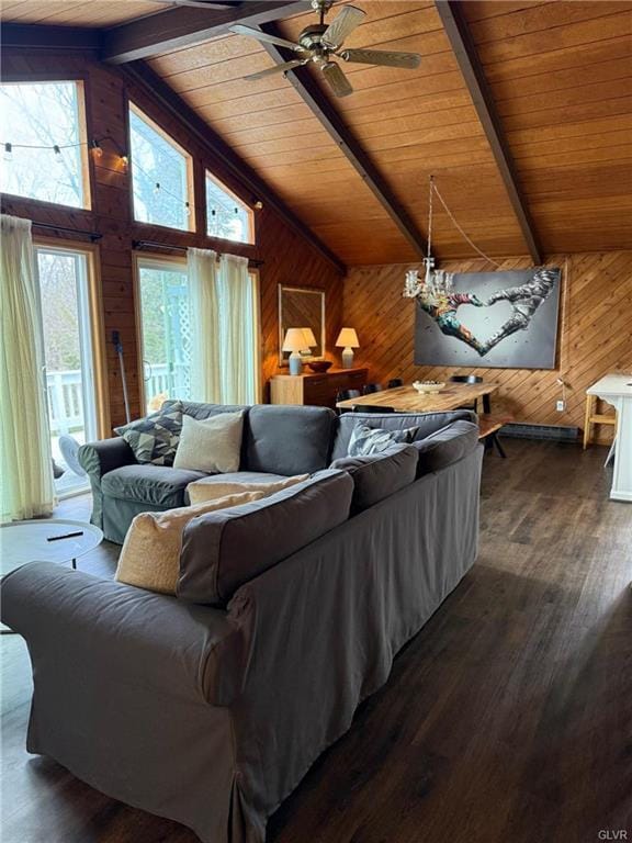 living room with lofted ceiling with beams, dark wood-style floors, wood walls, and wooden ceiling