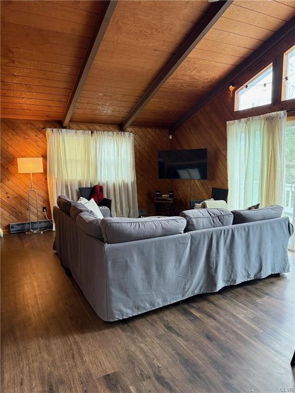 living area with wooden walls, dark wood finished floors, and wooden ceiling