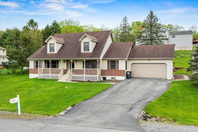 225 Northpark Dr W, East Stroudsburg, PA 18302 - cape cod home with a porch, asphalt driveway, a garage, a front yard, and roof with shingles