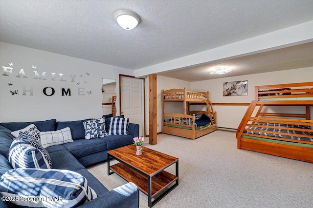 living room featuring carpet floors and a textured ceiling