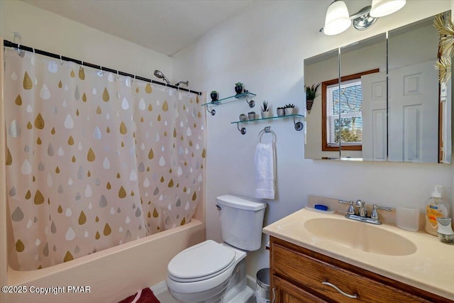 full bath with vanity, shower / bath combination with curtain, and toilet