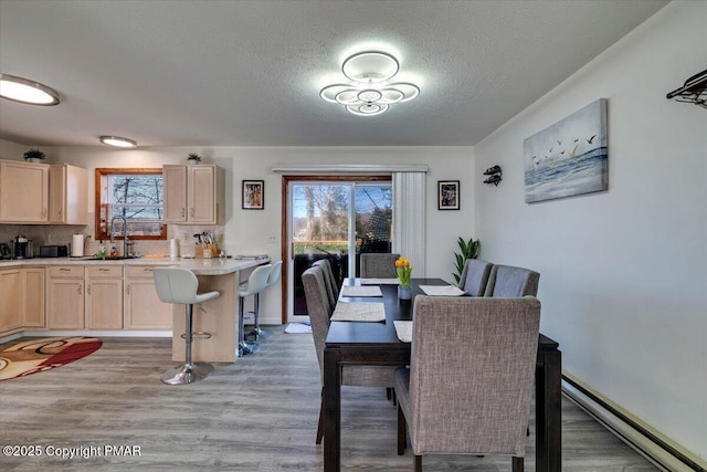 dining space featuring light wood-style floors, plenty of natural light, baseboards, and a textured ceiling