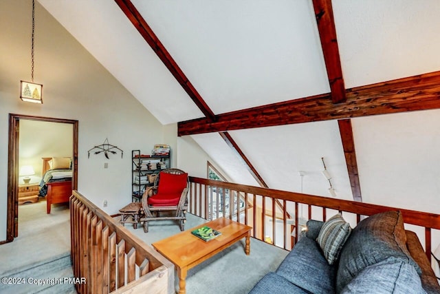 living area featuring beam ceiling, high vaulted ceiling, and carpet