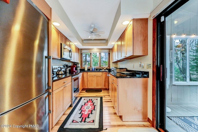 kitchen with a ceiling fan, a tray ceiling, recessed lighting, stainless steel appliances, and light wood-style floors