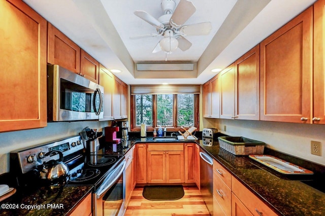 kitchen featuring a tray ceiling, dark stone countertops, light wood-style floors, stainless steel appliances, and a sink