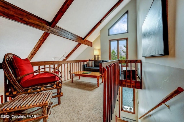 living area with an upstairs landing, vaulted ceiling with beams, and carpet