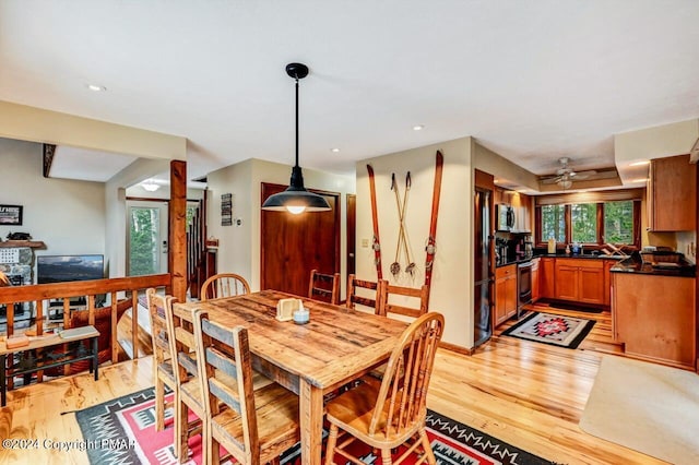 dining room featuring recessed lighting, light wood-style floors, and a ceiling fan